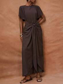 Vestido largo suelto de cuello redondo con cordón en la cintura, vestido maxi de color marrón oscuro, vestido de primavera/verano, vestido de fiesta, vestido de vacaciones, vestido casual, adecuado para fiestas, bodas, noches, citas, reuniones, cumpleaños, universidad, estudiantes, uso diario, combinación básica, casual, vacaciones, cruceros, playa, tomar el sol, , elegante, viajes al trabajo, estilo informal - Café integral - Ver 4