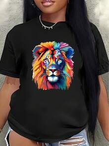 Camiseta de manga corta de poliéster, estampada con un brillante diseño de león arcoíris, ligera y duradera, adecuada para uso casual en casa, en cafeterías o para actividades al aire libre, cómoda y ajustada para el uso diario. - Negro - Ver 7