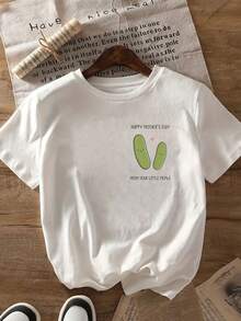 Camiseta estampada de manga corta, regalo para el Día de la Madre, camiseta casual moderna para mujer con diseño de pepino, top casual de manga corta y cuello redondo, para verano y primavera, ropa de mujer 100% algodón. - Blanco - Ver 3