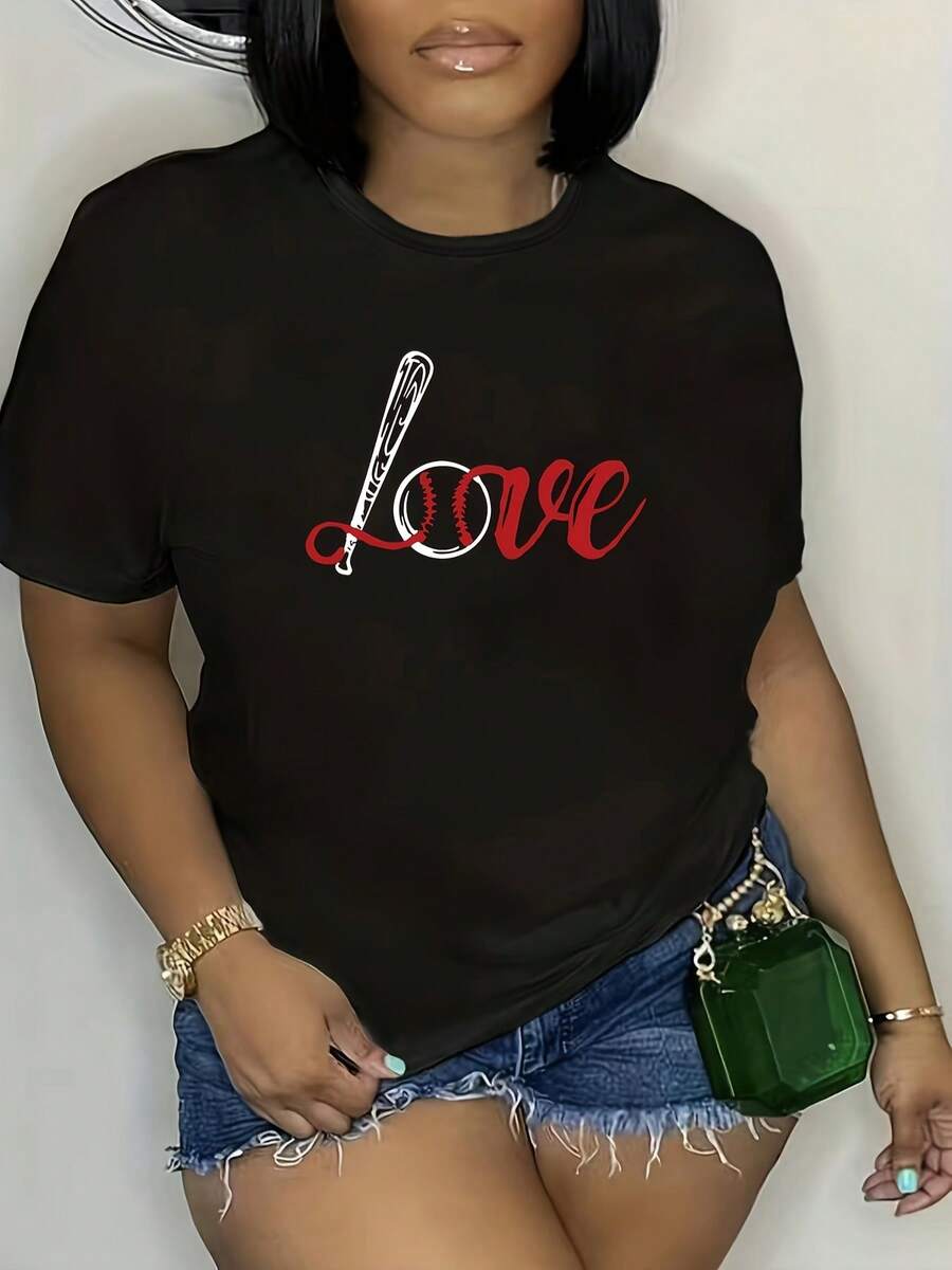 Camiseta holgada informal de cuello redondo para mujer de talla - estampado de letras LOVE en rojo y blanco llamativo, diseño negro con rojo y blanco, camiseta cómoda de manga corta para uso diario en primavera y verano, camiseta personalizada lavable aáquina, camiseta para mujer de talla, camiseta de manga larga, camiseta para mujer de talla, ropa para mujer de talla - Camiseta vintage de estilo urbano unisex, holgada, de algodón, de manga corta y cuello redondo. - Negro - Ver 1