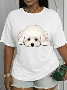 Soft, Breathable, And Lightweight For All-Day Comfort. This Women's Casual Short-Sleeve T-Shirt Features A Crew Neck Design With A Puppy Print. Made From Medium-Stretch Material, It's Machine Washable And A Must-Have For All Seasons. The Relaxed Fit Provides Everyday Comfort And Is Stylish And Versatile, Perfect For Casual Wear. The Classic Crew Neck With A Relaxed Fit Flatters All Body Types And Is Easy To Pair With Jeans, Shorts, And Leggings. - 白色 - 查看 12