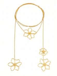 1 pièce Collier long avec pendentif fleur plaqué or pour femmes, chaîne délicate à plusieurs couches réglable, bijou minimaliste pour cadeau quotidien - Doré - Voir 4