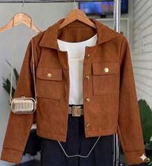 Women's Long Sleeve Wool Jacket With Buttons, Front Pockets, Fitted, For Cold Winter. - 駝色 - 查看 2