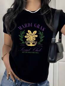 Mardi Gras Mask Graphic Print T-Shirt, 180g, 1 Piece, Women's Casual Style, 100% Cotton, Vintage Festival Style - 黑色 - 查看 9