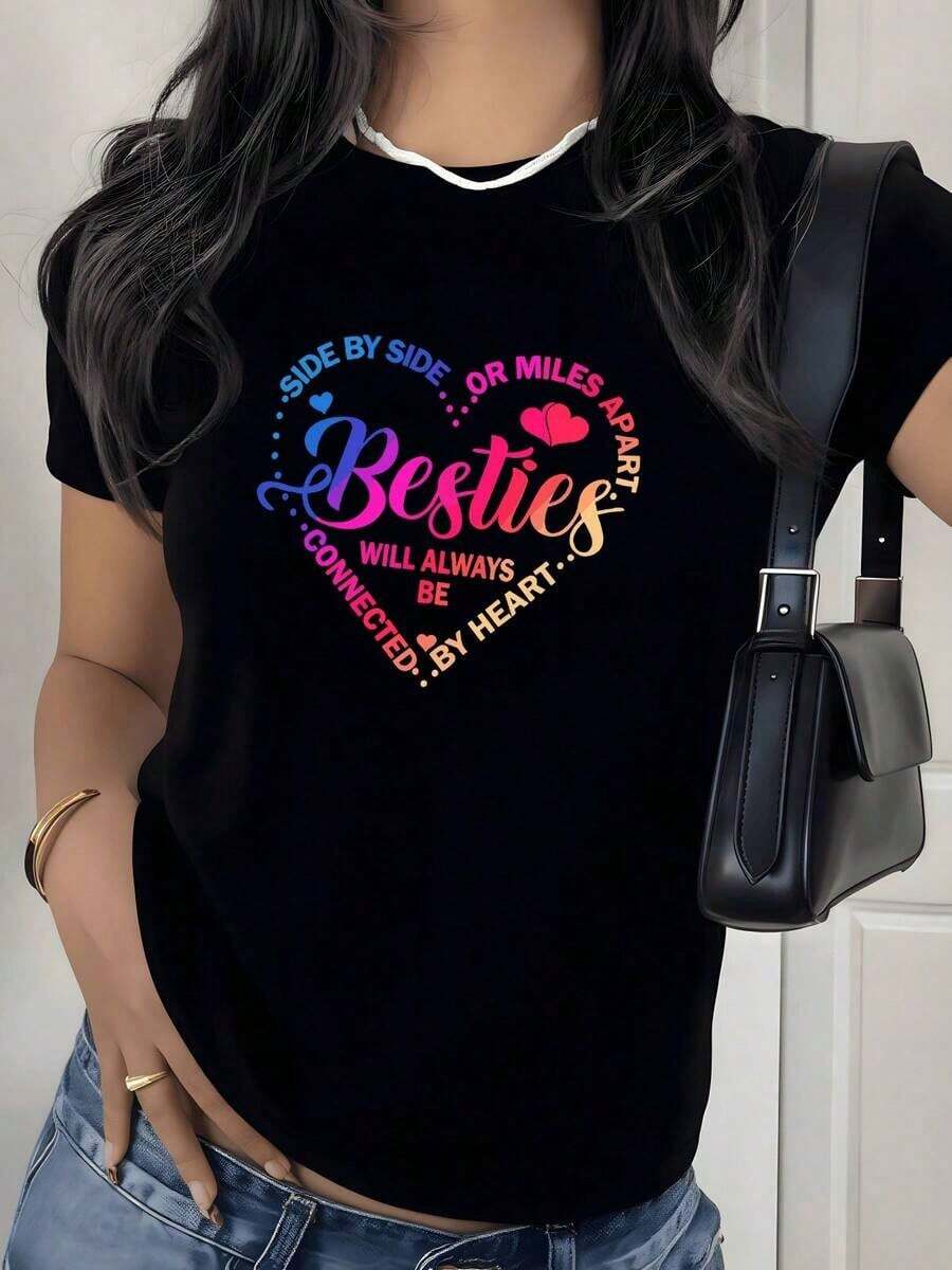 Best Friends Graphic Print T-Shirt, 180g, 1 Piece, Friendship Quote, Women's Casual T-Shirt 100% Cotton, Short Sleeve, Round Neck, Summer - 黑色 - 查看 1