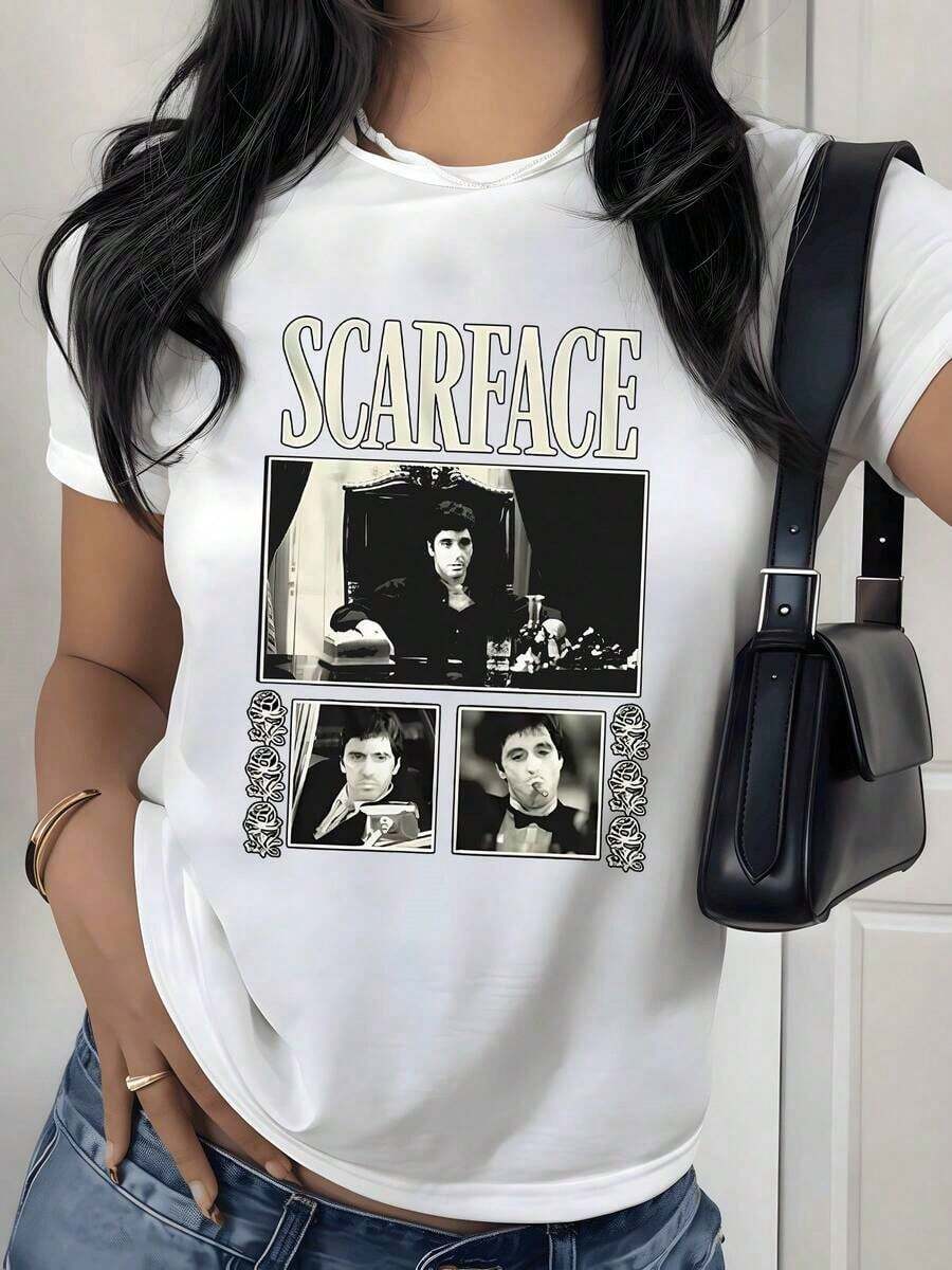 Retro Movie Scene Graphic Print T-Shirt, 180g, 1 Piece, Women's Casual Style, 100% Cotton, Vintage Streetwear Style - 白色 - 查看 1