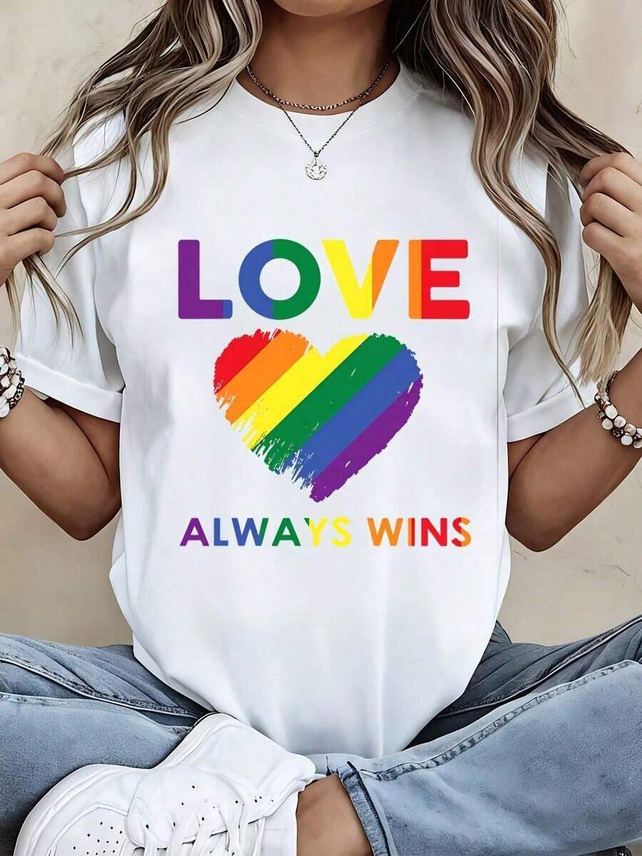 Love Always Wins - Rainbow Heart Print T-Shirt For Casual And Sporty Outfits - Unisex Vintage Urban Style, Loose Cotton Short Sleeve Crew Neck T-Shirt, 100% Cotton - 白色 - 查看 1
