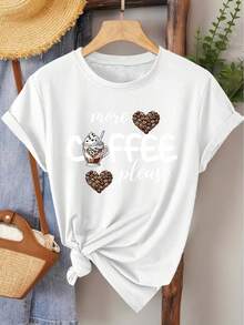 Camiseta de manga corta para mujer, estilo elegante, con estampado "Más Café Por Favor", cuello redondo, adecuada para primavera, verano, otoño, ideal para uso diario, vacaciones, estilo casual, elegante y retro, disponible en tallas S-XXL. - Blanco - Ver 8