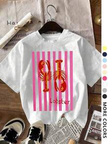Playera Mujer Cuello Redondo |   Estampado de Langosta |   Manga Corta Estilo Casual |   Diseño Versátil para Todas las Estaciones - Blanco - Ver 2