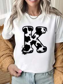 Camiseta de Algodón Estilo Vintage con Estampado de Eslóganes de Lisboa, Camiseta de Mujer con Cuello Redondo y Mangas Cortas, Camiseta con Estampado Gráfico de Letra K y Diseño de Vaca, Top Casual Negro para Mujer, Diseño de Moda, Prenda de Estilo para Verano, Impresión Divertida, Adecuada para Fiestas de Navidad, Actividades Deportivas, Fiestas de Vacaciones, Salidas, Deportes y Otros Regalos Festivos (220g). para el Verano Diario - Blanco - Ver 1