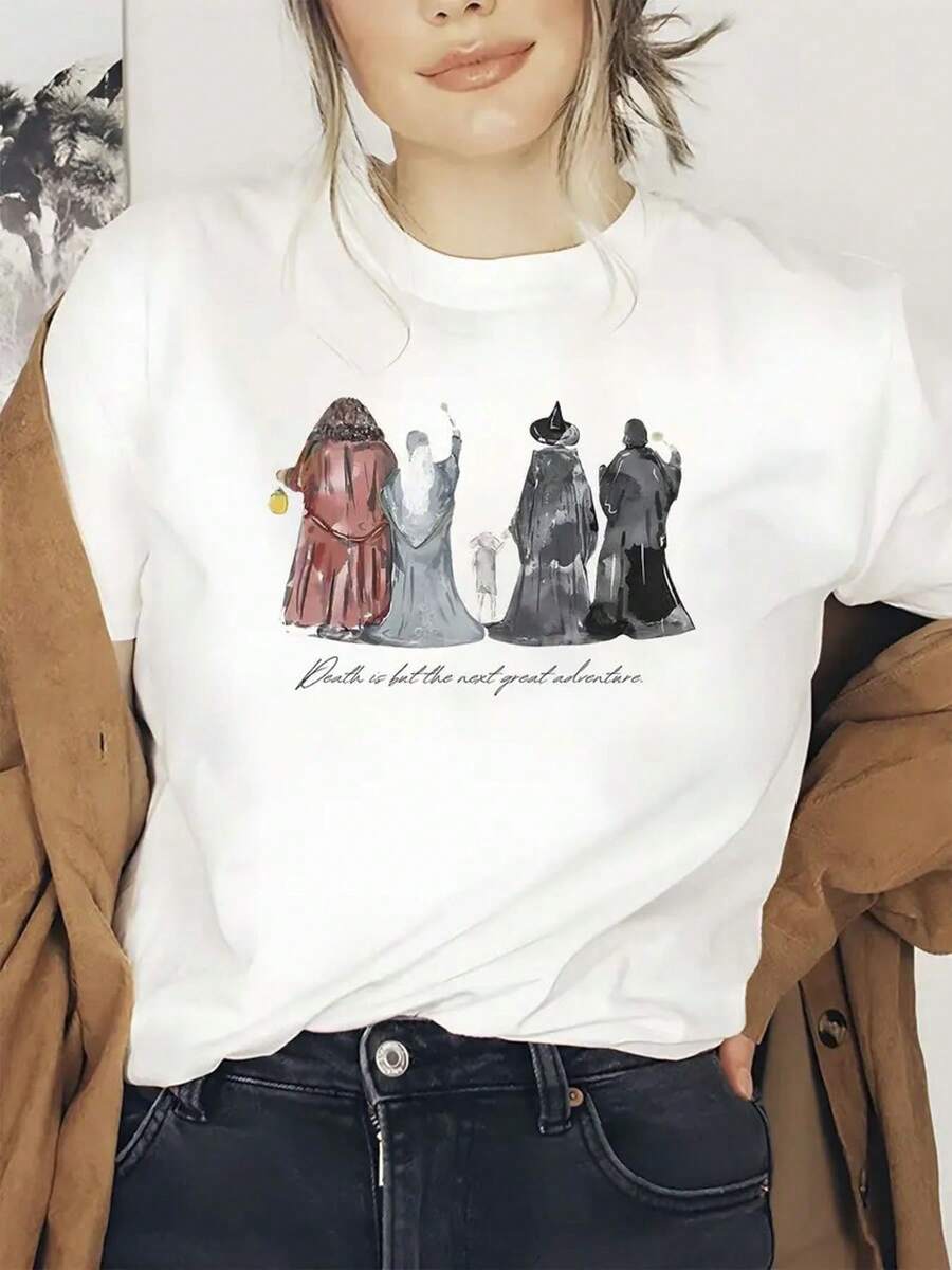 1 pieza, Camiseta de Manga Corta con Estampado de Mago Mágico 100% Pura, Cuello Redondo para Mujer, Top Deportivo Casual Transpirable para Primavera y Verano, Regalo de Vacaciones - Negro - Ver 1