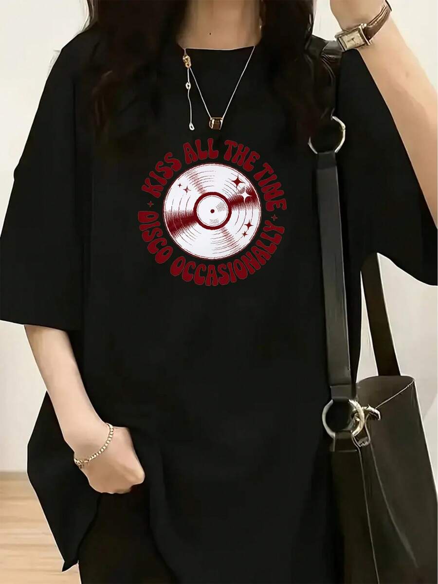 Women's Vintage Disco T-Shirt - Soft Polyester Casual Blouse, Loose Fit, Short Sleeve, With Retro Disco Slogans And A-Line Silhouette, Round Neck, Ideal For Spring And Summer Outfits, Theme Parties And Casual Wear - High Quality - 黑色 - 查看 1
