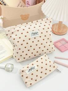1 chiếc túi đựng mỹ phẩm hình trái tim bằng vải nhung kẻ, túi trang điểm thời trang, tiện dụng, dung tích lớn, có khóa kéo, cần thiết cho du lịch và kỳ nghỉ, có thể đựng băng vệ sinh, tampon, tai nghe có dây, tai nghe nhét tai, tai nghe chụp tai, sạc pin, son môi, mỹ phẩm, nước hoa, sản phẩm chăm sóc da, đồ trang trí nhà cửa, chìa khóa, v.v. - trắng - Xem 12