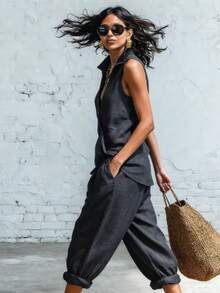 Two-Piece Linen Set With Lapel Collar Shirt And Wide-Leg Trousers - Black - View 2