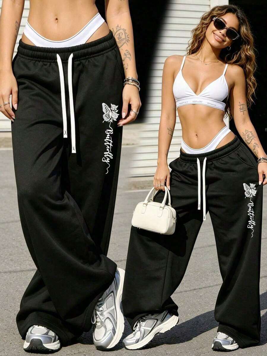 1 pieza Pantalón de chándal holgado de cintura con cordón para mujer, con bolsillos, de tela de punto con un ligero estiramiento, adecuado para ocio, correr, trotar, fitness - Negro - Ver 1