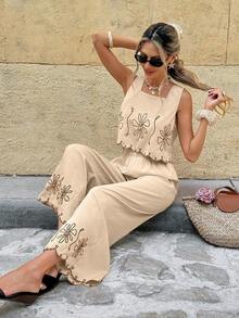 Frenchy 2 piezas Conjunto de top de tirantes bordado y pantalones casuales versátiles para vacaciones de mujer - Marrón - Ver 7