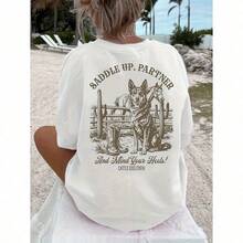 Camiseta casual de manga corta y cuello redondo con estampado gráfico, perfecta para verano y primavera, diseñada para mujer - Blanco - Ver 7