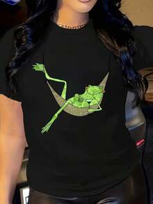 Women's Casual Frog Print T-Shirt, Modern Style, Loose Fit, Versatile Top, Round Neck, Short Sleeve, Casual Fashion Clothing - 黑色 - 查看 1