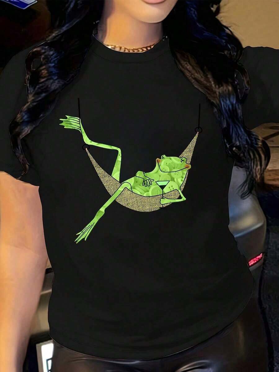 Women's Casual Frog Print T-Shirt, Modern Style, Loose Fit, Versatile Top, Round Neck, Short Sleeve, Casual Fashion Clothing - 黑色 - 查看 1