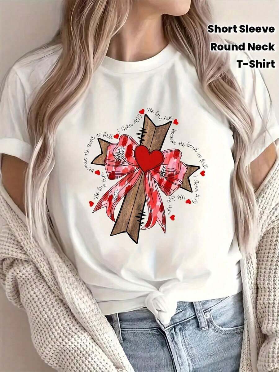 ropa de mujer Camiseta estampada linda y elegante para mujer, Camiseta cristiana para el Día de San Valentín - Camiseta inspirada en la fe con diseño de Jesús y lazo en forma de corazón, Top casual de manga corta con cuello redondo, Lavable, Adecuada para iglesia, reuniones familiares, Día de San Valentín, Tela de elasticidad media, Mes, Camisetas para el Día de los Caídos, Regalos de San Valentín, Día de la Mujer, Camisetas con diseño de anime/manga, Hombres, Ropa de hombre, Camisetas gráficas para hombre, Camisetas, Camisetas gráficas para mujer, Ropa para niños, Camisas para niños, Ropa de verano, Ropa para niñas, Camisetas, camisas de mujer - Blanco - Ver 1