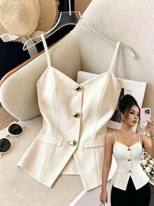 Nueva camiseta sin mangas casual con cuello en V, tirantes finos y decoración de botones para mujeres - Caqui - Ver 3