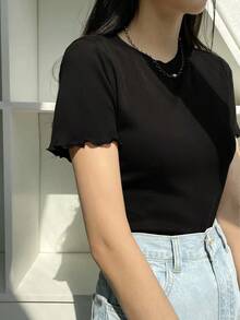 Camiseta tejida acanalada con ribete de lechuga para el verano - Negro 2 - Ver 6