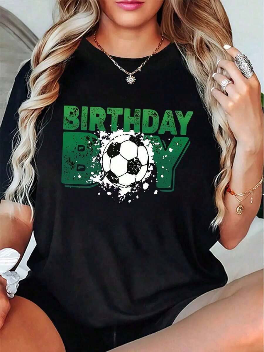 Camiseta Deportiva Casual Simple de Manga Corta con Cuello Redondo para Mujer, con Estampado Creativo de Niño Futbolista, Ropa de Verano Cómoda para Mujer - Negro - Ver 1