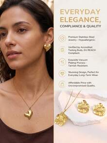 Minimalist Heart Stainless Steel Jewelry Set For Women Necklace & Earrings Set For Daily Work Date Vacation, Valentine's Christmas Gift - Gold - View 3