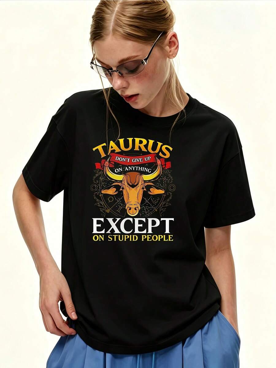 Women's T-Shirt With Taurus Print 180G Don't Give Up, Except Fools With Star Pattern, Casual Short Sleeve T-Shirt, Loose Fit, Birthday Gift For Her, Friends, Family, Company, Building, Summer 2024 - Vintage Urban Style, Unisex Cotton Short Sleeve Round Neck T-Shirt. - 黑色 - 查看 1