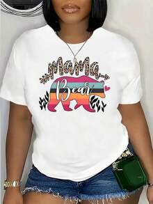 Talla Grande, Camiseta de Mujer Talla Grande con Estampado de Mama Osa y Gráficos - Camiseta de Manga Corta con Cuello Redondo y Letras de "Mama" Multicolor, Tejido Transpirable Lavable a Máquina, Ropa Casual Cómoda, Regalo Perfecto para el Día de la Madre. - Blanco - Ver 6