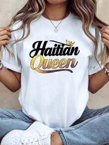 Suave, transpirable y ligera para comodidad durante todo el día. Camiseta de manga corta para mujer con estampado de la Reina Haitiana, ideal para uso diario casual. Tela cómoda, perfecta pa - Blanco - Ver 12