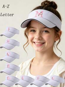 8-16 Years Old Girls' Cute Floral & Letter Embroidered Adjustable Sun Hat, Sporty Summer Sun Visor - White - View 2