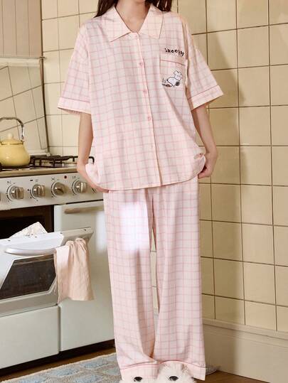 Gongdie 2 Pieces Set Snoopy Women Pajama Sets, Spring/Summer Pajama Set Short Sleeve Long Pants,Soft Cotton Pink Plaid Print Sleepwear, Comfortable And Breathable Cute Loungewear