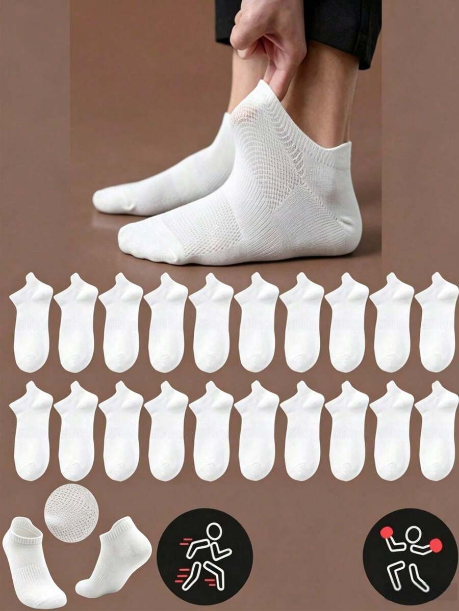 1/5/6/10/20/30 Pasang Kaos Kaki Jala Pendek Putih Pria, Bernapas dan Nyaman, Dengan Penopang Lengkungan Kaki, Cocok untuk Dipakai di Pergelangan Kaki - Putih - View 1
