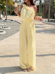 abyoxi Cream Yellow One Shoulder 3D Ruffle Detail Top And High Waist Wide Leg Pants 2 Pieces Set - Elegant Vacation Style - Light Yellow - View 3