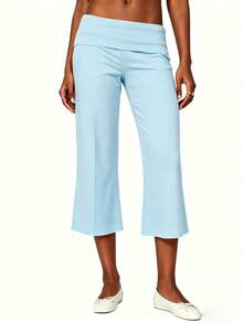 Womens Low Rise Capri Pants Fold Over Waistband Solid Color Slim Fit Cropped Pants Trousers - 天藍色 - 查看 6