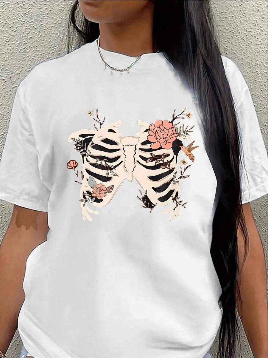 Camiseta de manga corta de poliéster, decorada con motivos de calaveras y flores, ligera y duradera, adecuada para uso casual en casa o en una cafetería, cómoda y ajustada para el uso diario.blusa casual mujer - Blanco - Ver 1