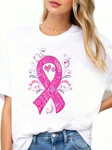 Camiseta con diseño de la cinta de concientización sobre el cáncer de mama para mujeres, para mostrar apoyo y solidaridad - Estilo callejero vintage, unisex, de algodón, manga corta, cuello redondo, 100% algodón. - Blanco - Ver 3