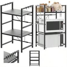 3 Tier Expandable Microwave Oven Rack Stand Storage Kitchen Corner Shelf Hold Expandable Rack Stand Storage Corner Holder Kitchen Microwave Oven Shelf With 6 Hooks, Standing Shelf - 3 Tier - View 2