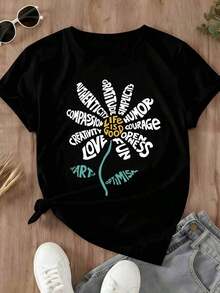 Camiseta Casual de Manga Corta para Mujer con Estampado de Palabras Inspiradoras "El Arte del Optimismo" para Uso Diario y Actividades de Ocio - Negro - Ver 2