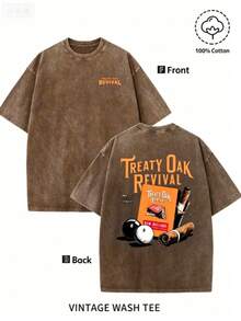 Men'S Bold "TREATY OAK REVIVAL" Print T-Shirt, Casual Round Neck Short Sleeve, 230g Washed Cotton, Summer High Quality Casual Sportswear, - 咖啡棕 - 查看 10