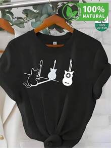 Camiseta Negra de Algodón con Diseño Exclusivo de Gato Musical y Guitarras para Amantes de la Música Moderna - Estilo Urbano y Casual para Hombres y Mujeres en México - Negro - Ver 8