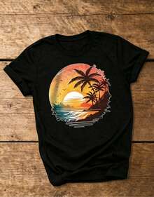 Artículo 3 de moda: Camiseta casual de manga corta para mujer con de mariposa, palmera al atardecer, estampado de texto funcional para adultos, camiseta de cuello redondo de manga corta para mujer, top deportivo casual transpirable de algodón puro, regalo para vacaciones, camiseta de primavera con diseño de mariposa para mujer, ideal para Pascua. - Negro - Ver 2
