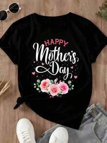 Camiseta de Mujer con Estampado Floral de Rosas para el Día de la Madre, Ropa Casual de Primavera Verano, Regalo para Madres - Negro - Ver 2
