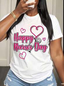 Camiseta de Mujer con Estampado de Estetoscopio y Corazón para el Día de las Enfermeras, Ropa Casual de Verano para Celebración de Enfermeras - Blanco - Ver 1