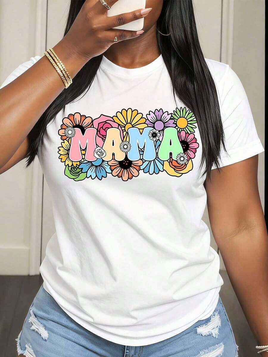 Camiseta de Mujer con Diseño Floral "Mama" para Uso Casual de Verano - Blanco - Ver 1
