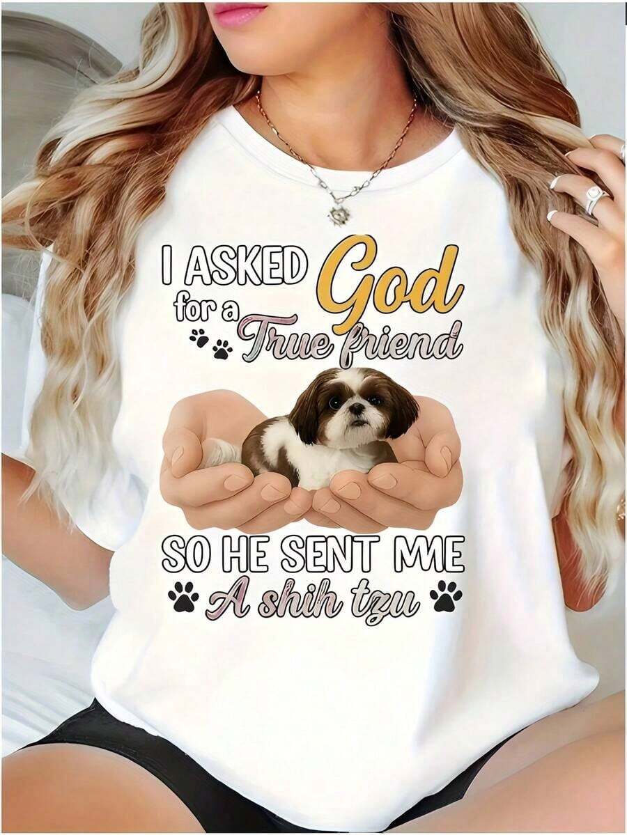 Playeras de mujer algodón, camiseta divertida para amantes de perros, pedí a Dios un amigo verdadero, camiseta con diseño de cachorro, suave, transpirable, de manga corta, con un lindo diseño de cachorro, lavable a máquina, ropa para dueños de mascotas, para uso casual en primavera y verano. - Blanco - Ver 1