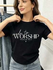 Camiseta casual de verano con cuello redondo, ropa deportiva religiosa, camiseta con el Salmo 95:1, ropa deportiva cristiana, sudadera con capucha bíblica, camiseta religiosa, camiseta de fe, regalo cristiano para mujer, camiseta de manga corta ajustada para mujer. - Negro - Ver 6