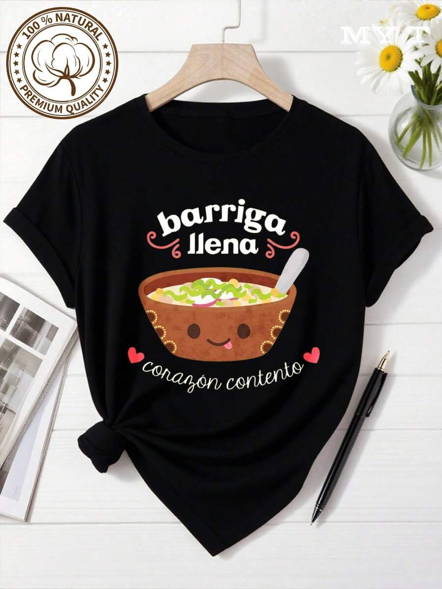 MYAZUL T 1PC Camiseta de Algodón Suave para Mujer con Diseño de Tazón de Sopa de Corazón Feliz y Vientre Lleno, Regalo Lindo para Amantes de la Comida, Ideal para San Valentín, Día de la Madre, Moda Cómoda y Casual, Perfecta para Todas las Estaciones, Tallas S M L XL - Negro - Ver 1