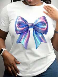 100% Cotton, Women's T-Shirt, Plus Size Black Short Sleeve T-Shirt For Women, With Rainbow Colorful Bow Print, Casual And Fashionable Top, Ideal For Everyday Wear. - 白色 - 查看 8